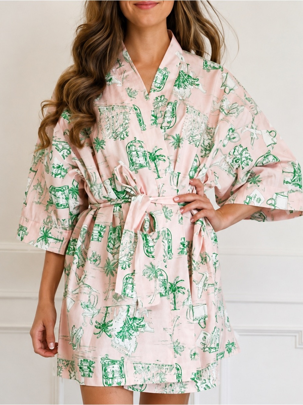 8 Oak Lane Palm Beach Toile Cotton Robe Pink Green Resort Vacation Size S/M